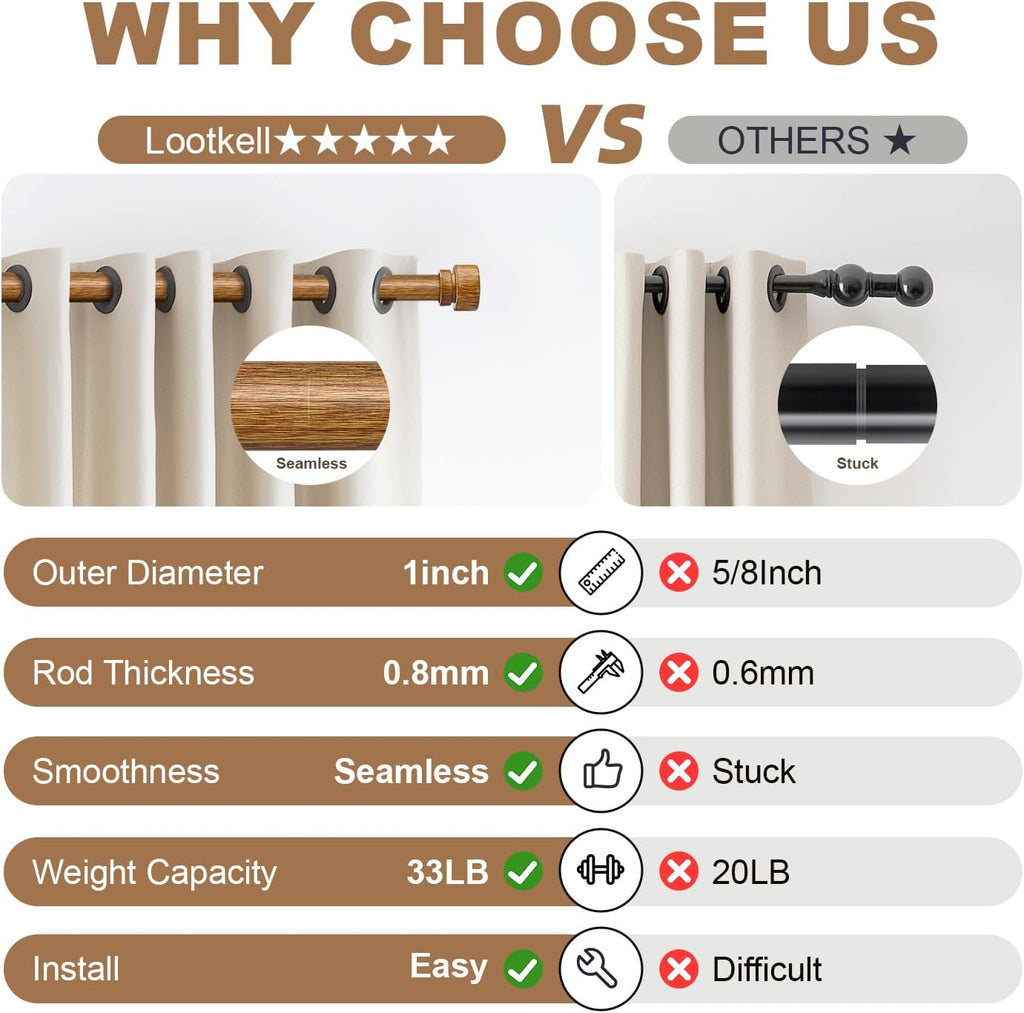 Wood Curtain Rods for Windows 66 to 120 Inches 1" Diameter Boho Decorative Heavy Duty Long Window Curtain Rod
