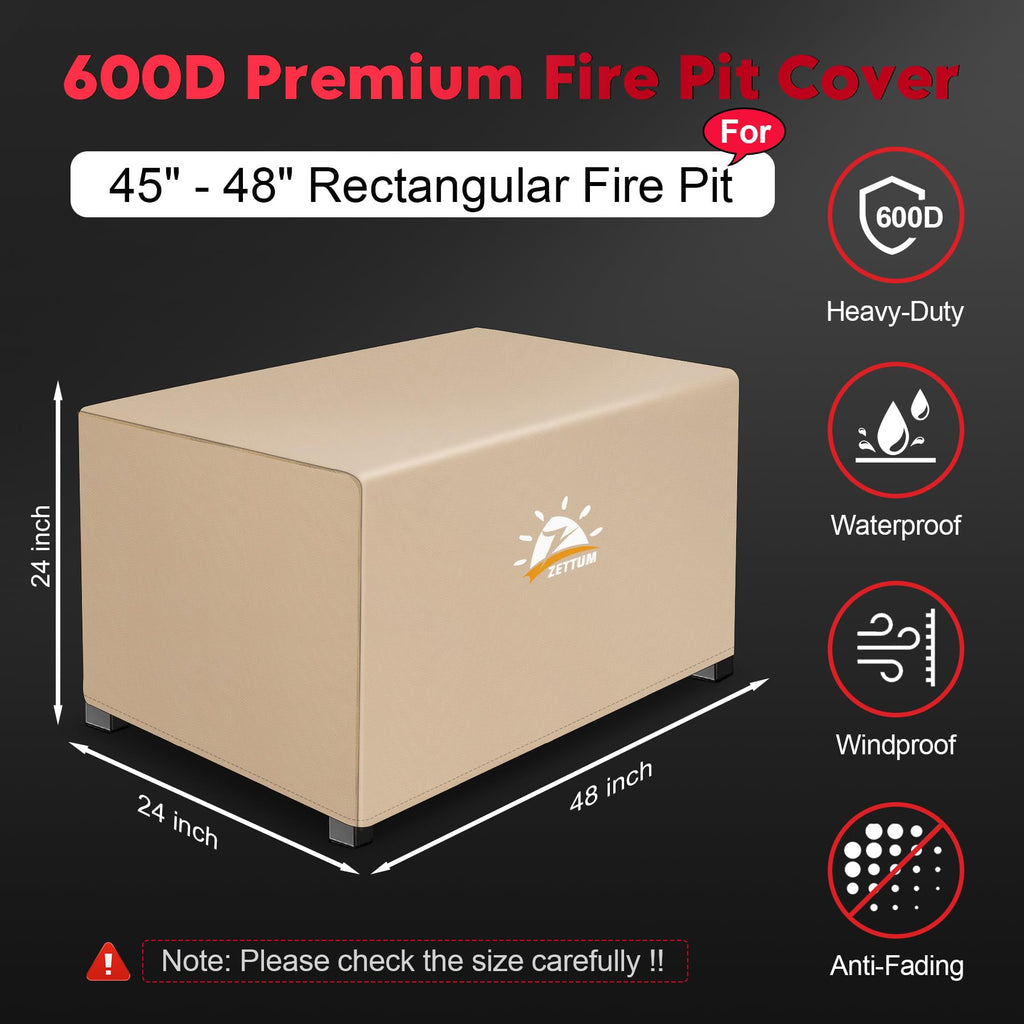 Fire Pit Cover Rectangular 48 Inch - Outdoor Fire Table Cover Rectangle Heavy Duty & Waterproof, 600D Patio Propane