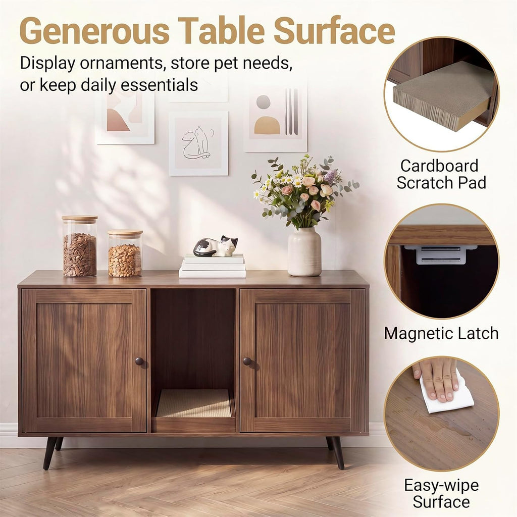 Cat Litter Box Enclosure Furniture for 2 Cats, Large Litter Box Cabinet with Scratching Board, and Adjustable Foot