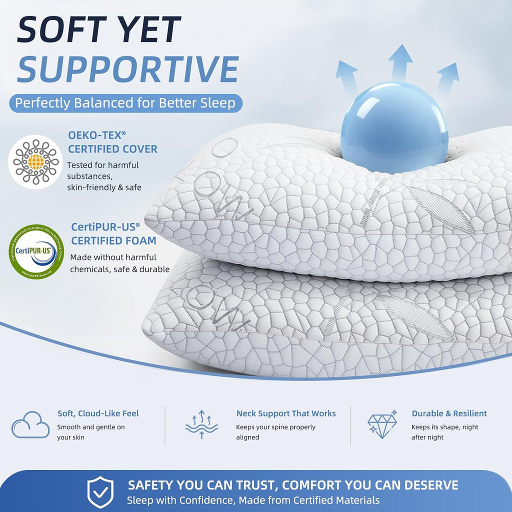 Bamboo Cooling Shredded Memory Foam Bed Pillows King Size Set of 2 | Plush Firm Support, Neck Pain Relief