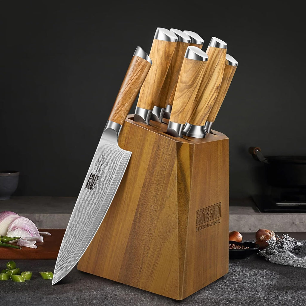 Damascus Knife Block Set 7PCS, Sharp Kitchen Knives with Sharpener | Professional Chef Knife Set | Japanese Super