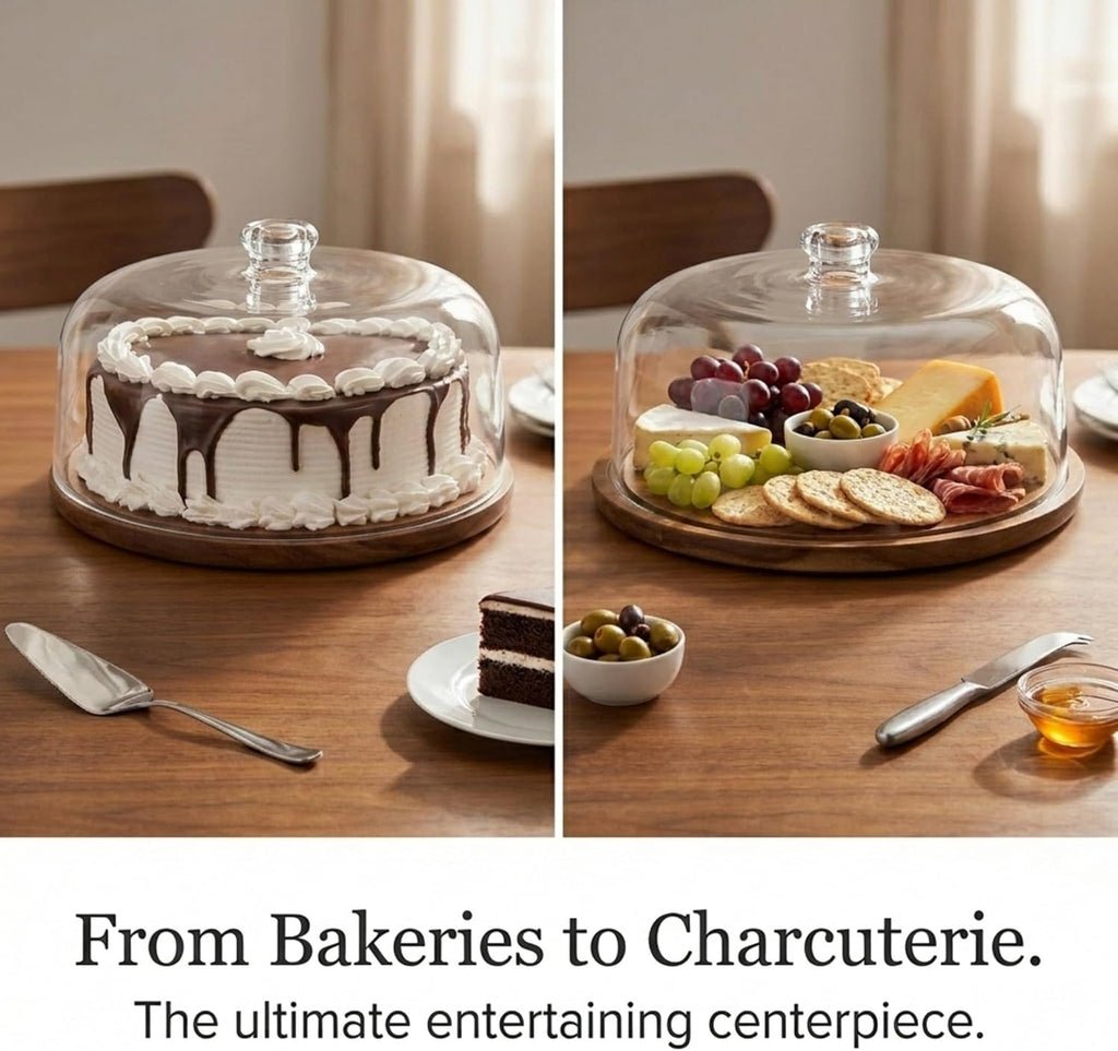 Cake Stand, Cake Plate Server Platter with Dome, Acacia Wood and Shaterproof Acrylic Lid