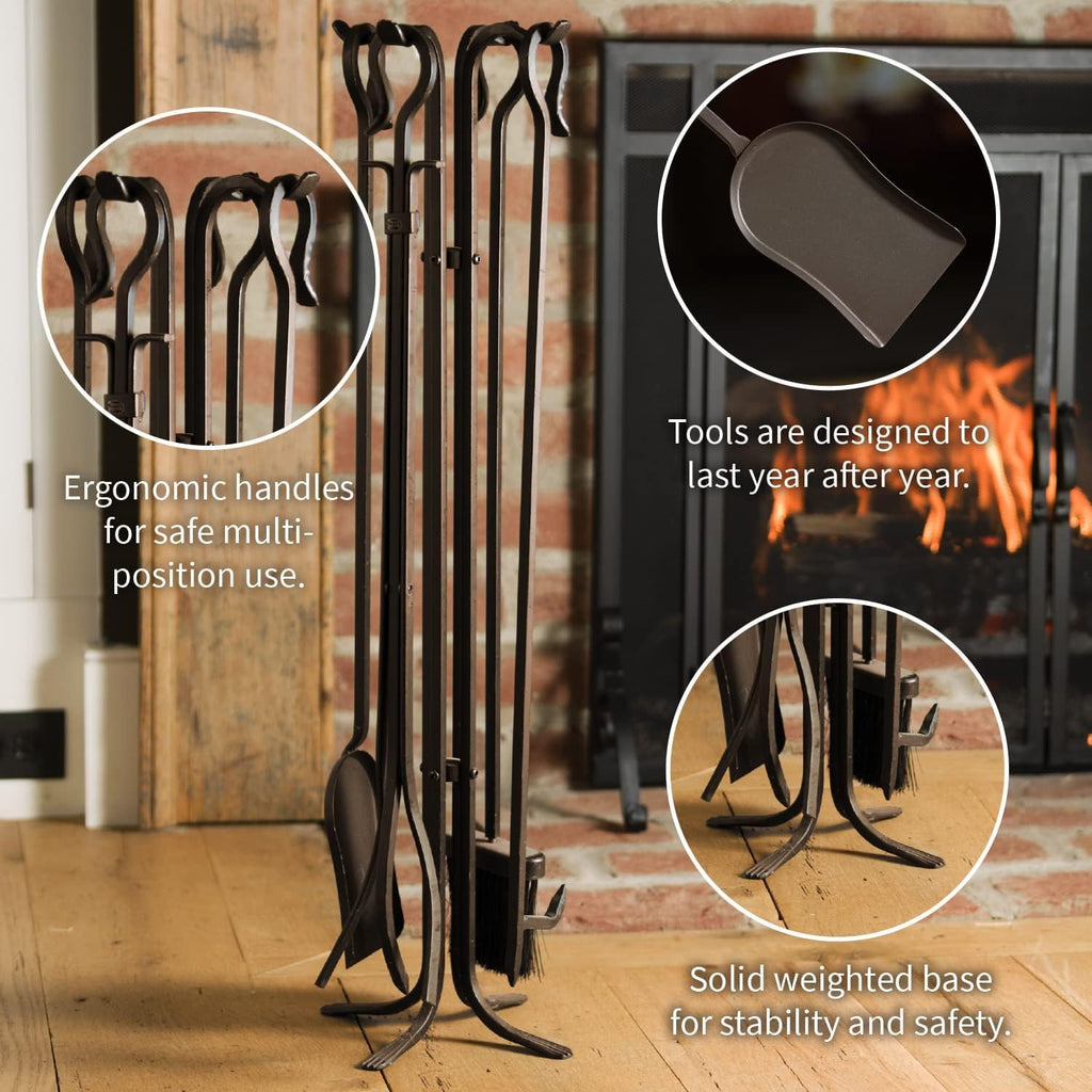 5 Piece Hand Forged Iron Compact Fireplace Tool Set 27.5" | Black Wrought Iron Handle for Outdoor Indoor | Stand