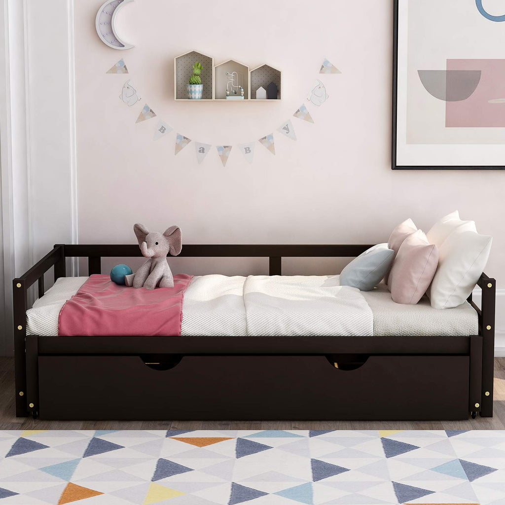 Extending Daybed with Trundle, Twin Size Trundle Daybed Solid Wood, Roll Out Trundle Accommodate Twin Size