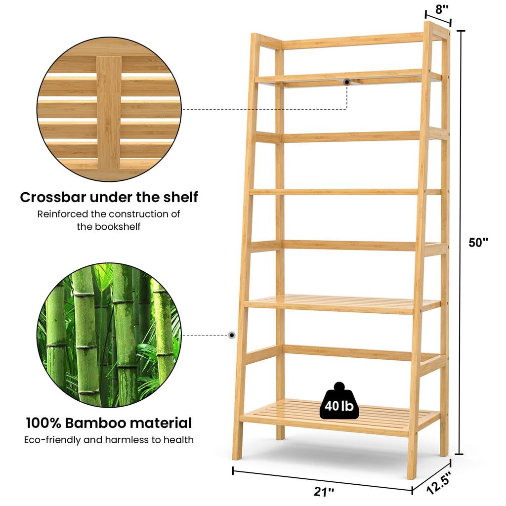 Bamboo Ladder Shelf, 4-Tier Wooden Ladder Bookshelf & Bookcase Organizer