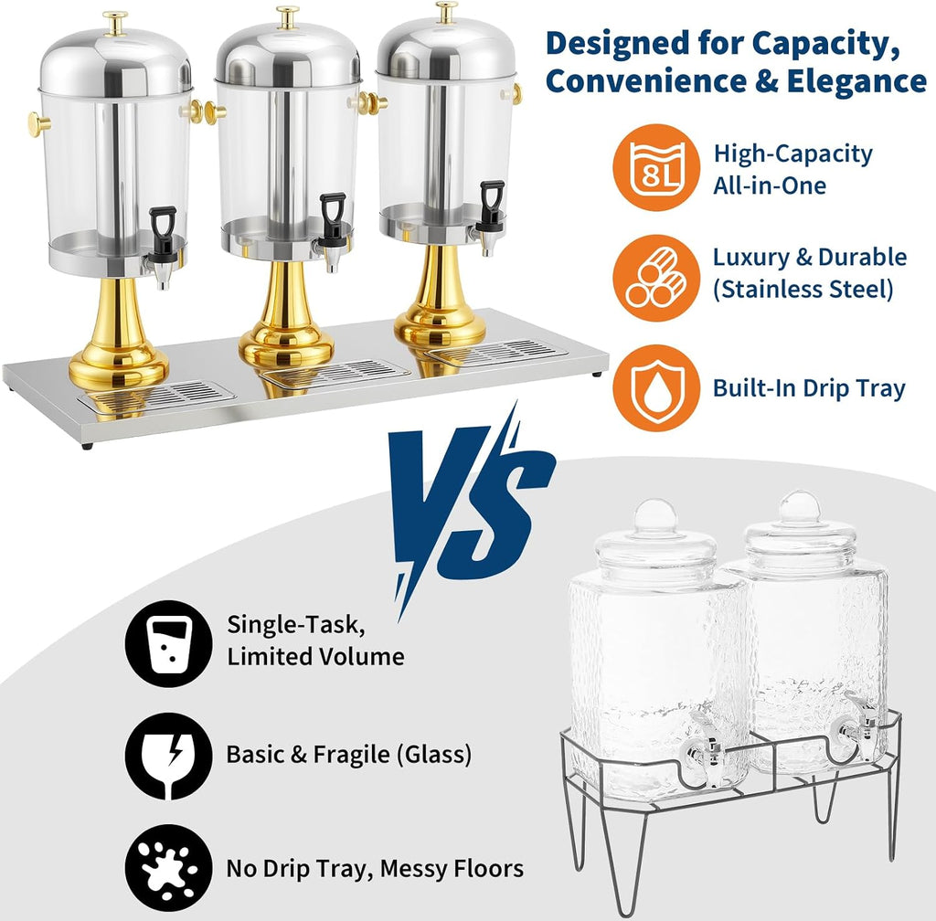 6.6 Gal Triple Head Beverage Drink Dispenser with Ice Core, Gold Stand