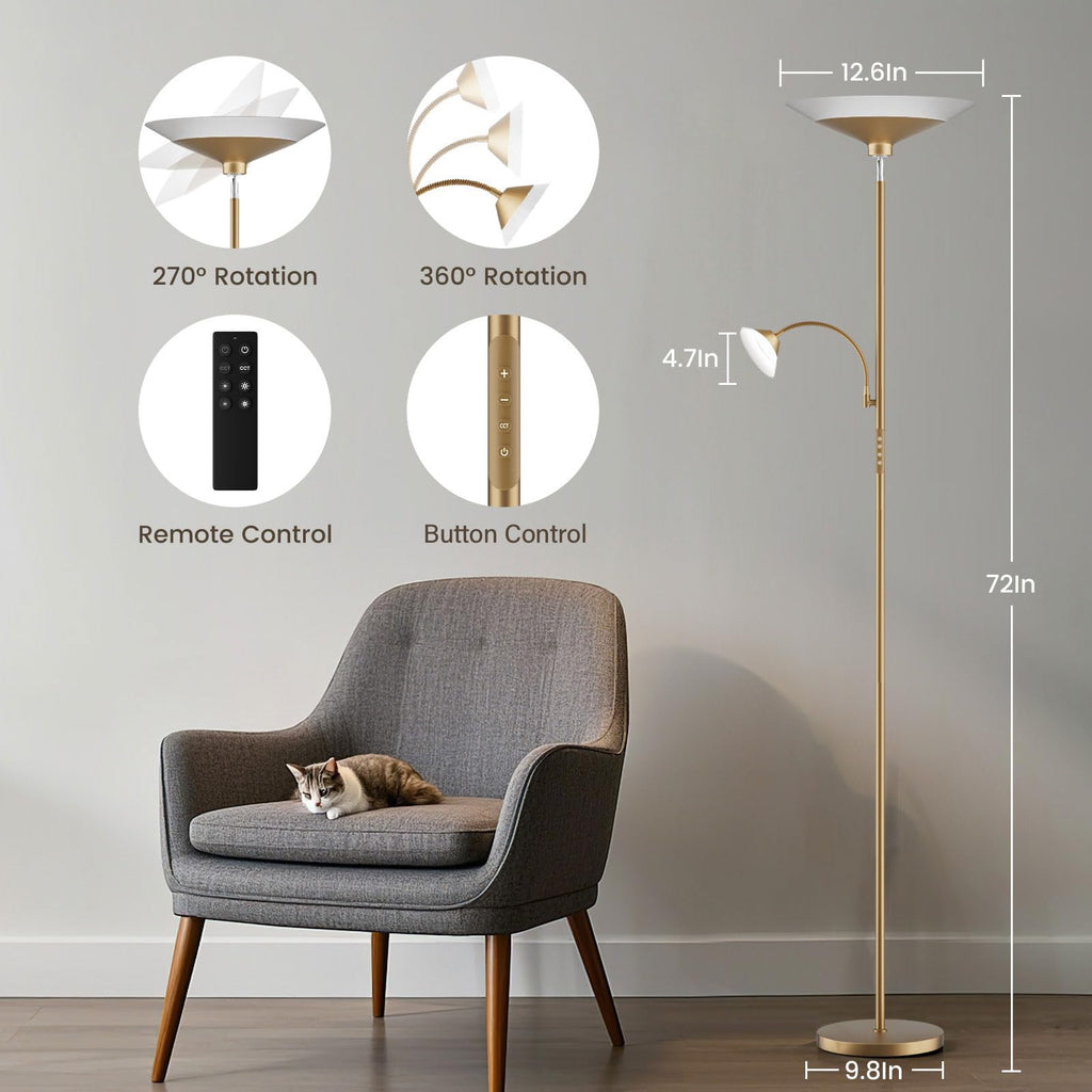 Gold Torchiere Floor Lamp - 2 Way LED Standing Lamp with Reading Light, Dimmable 72'' Tall Lamp with Remote Color