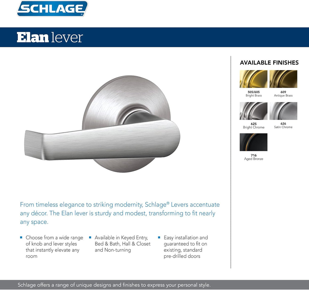 F10 CSV ELA 626 Commercial Series Elan Door Lever, Hall & Closet Passage Lock, Satin Chrome