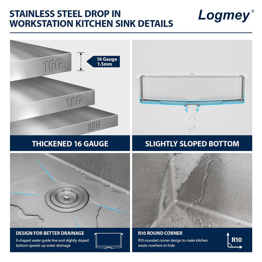 33x19 Drop Sink 33 Inch Stainless Steel Workstation Sinks 16 Gauge Topmount Ledge Single Bowl Overmount