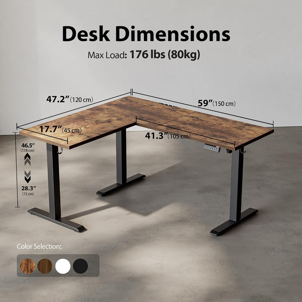 L Shaped Standing Desk Adjustable Height, 59 Inch, Rustic Brown | Electric Height Adjustable, Spacious Corner