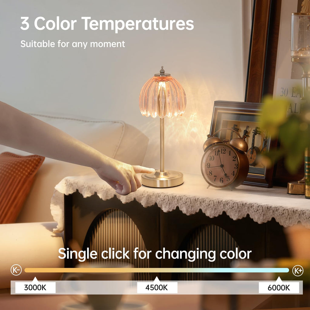 Tulip Table Lamp with 5200mAh Battery & Touch Control, Cordless Small Table Lamp with 3 Colors, Dimmable Rechargeable