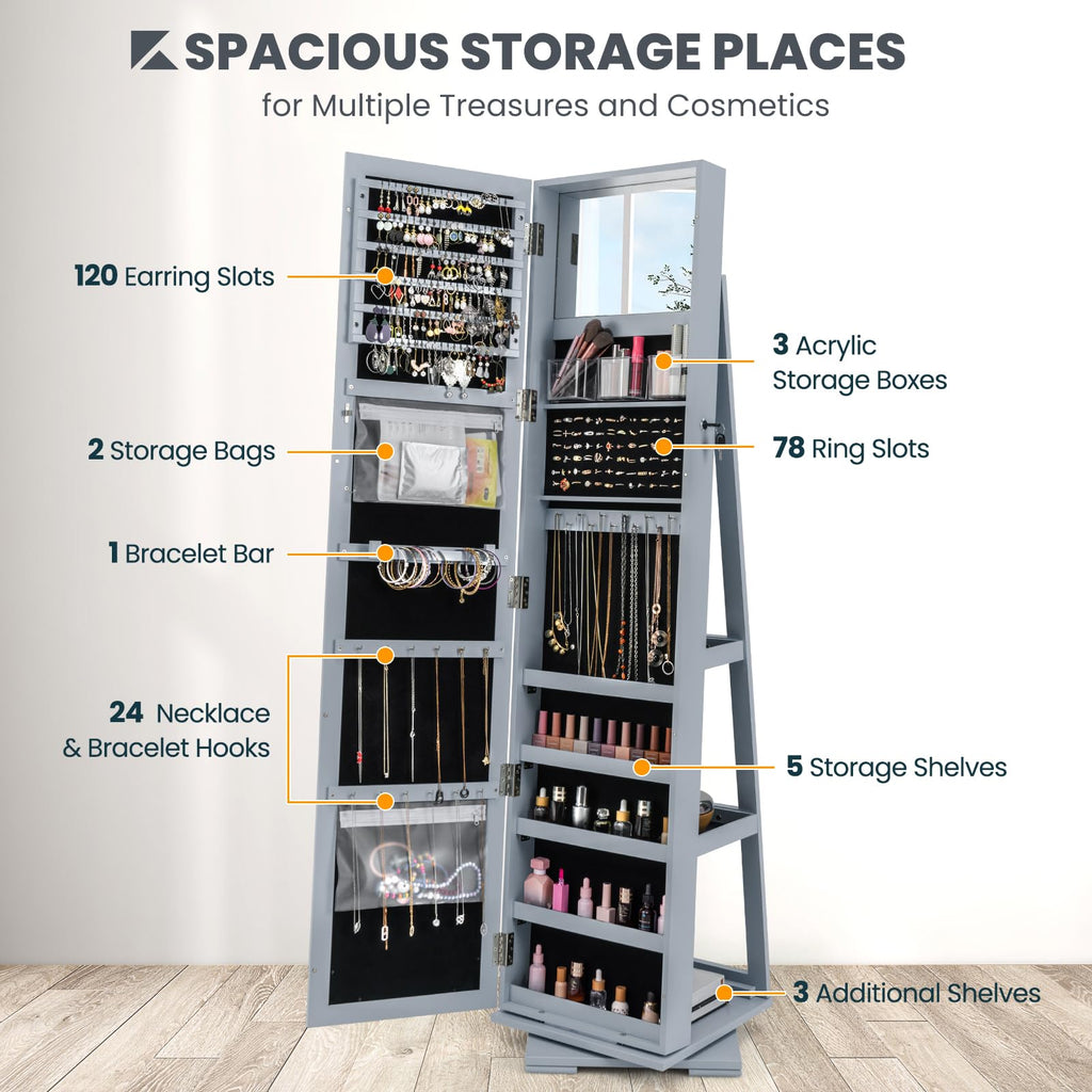 360 Rotating Jewelry Armoire Cabinet, Standing Jewelry Organizer w/Full-Length Mirror & Large Storage Space, Lockable