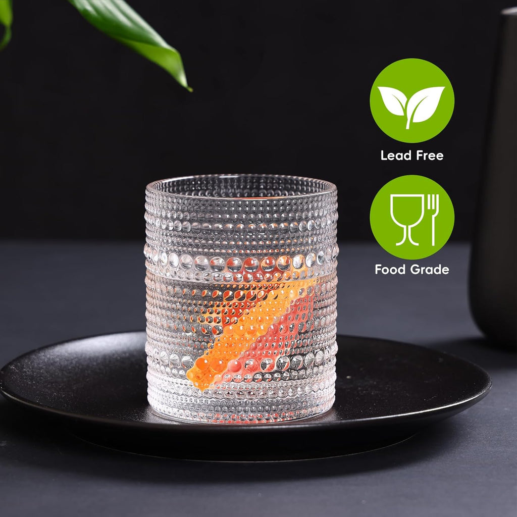 Hobnail Drinking Glasses Set of 12, 12 Oz Highball Glasses & 10 Oz Cocktail Glasses, Clear Embossed Boho Glass Cups