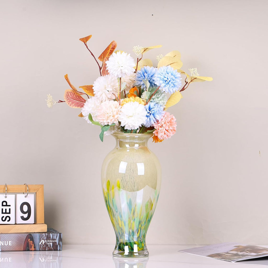 Hand Blown Glass Vase 11.8" Tall Beautiful Green Sea Wide Mouth Bud Vase for Table Centerpiece, Painted Colorful