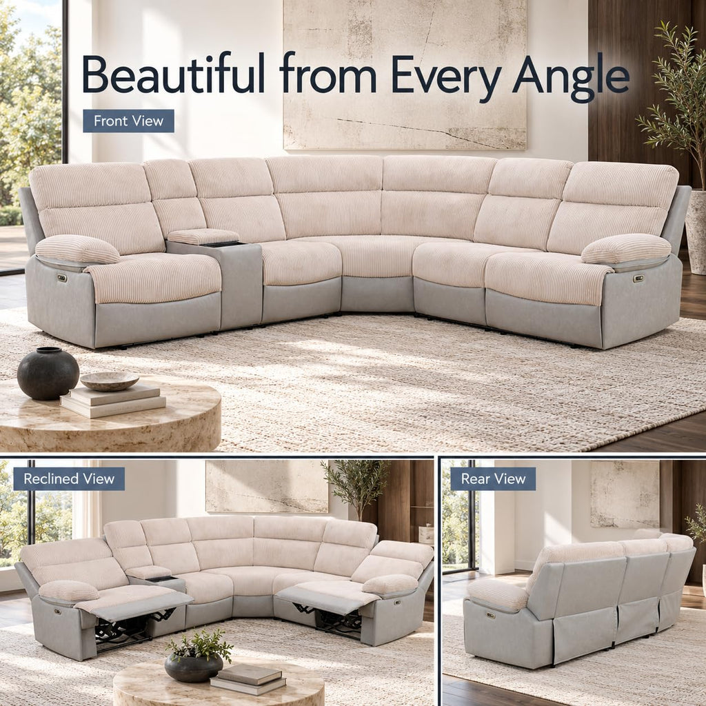 Power Reclining Sectional Sofa, L-Shaped Air Leather Couch with LED Lights, Wireless Charging, Drop-Down Table, Cup