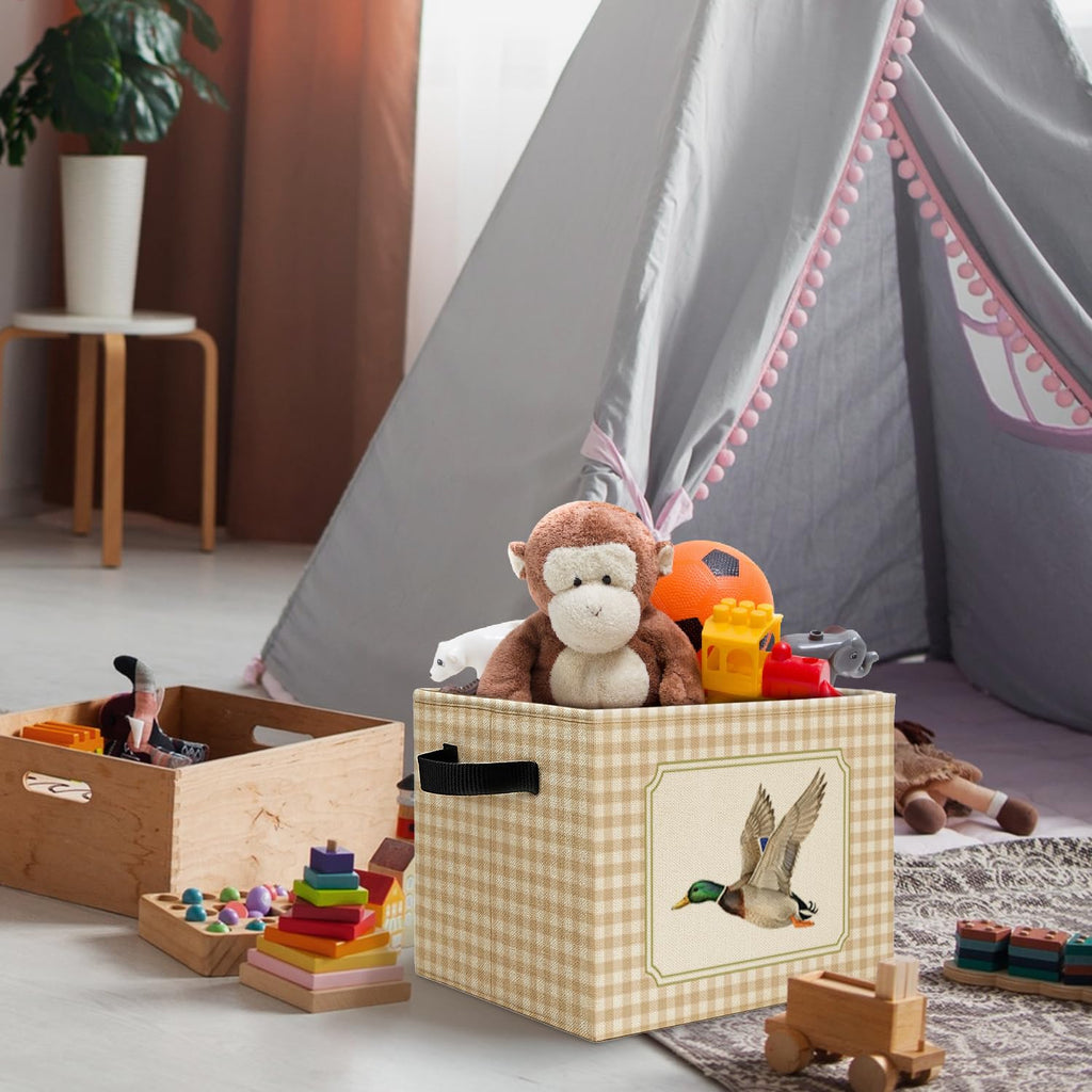 Mallard Duck Checkered Nursery Storage Bins Box with Handles, Beige White Plaid Flying Mallard Laundry Basket Hamper