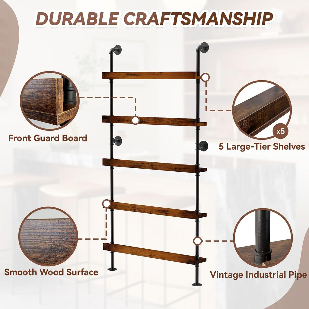 5-Tier Wall Mounted Wine Rack, Industrial Pipe Floating Bar Shelves, Liquor Bottle Display Shelf Holds 40+ Bottles