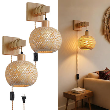 Woven Rattan Plug in Wall Sconce, 15 RGB Dimmable Boho Light, Wood