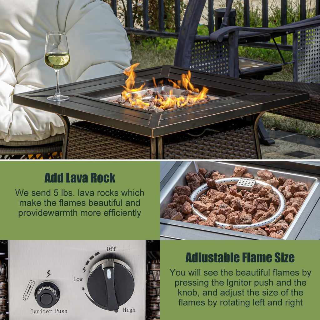 28 inch Wicker Propane Fire Pit Table,Gas Fire Pits Table for Outside,50000 BTU Propane Firepit with Lid &Lava