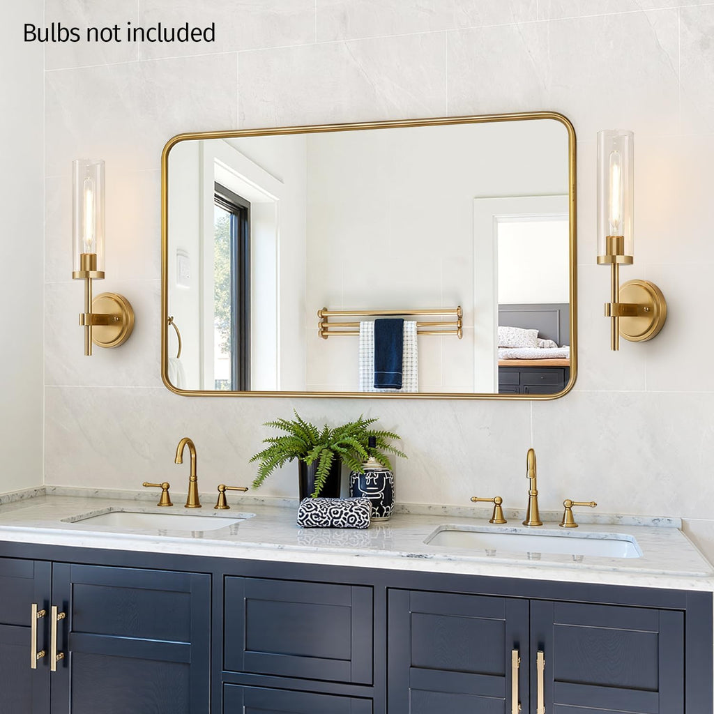 [Hardwired] Wall Sconces Set of Two, Brushed Gold Bathroom Sconces with Clear Glass, Modern Wall Light Fixtures for