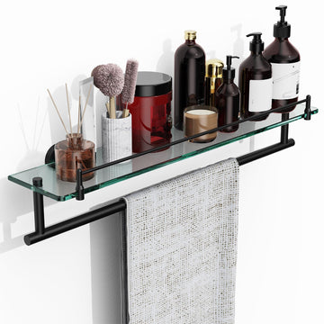 Towel Rack with Tempered Glass Shelf 24 Inch, Matte Black Towel Holder Wall Mount Storage Rustproof Stainless