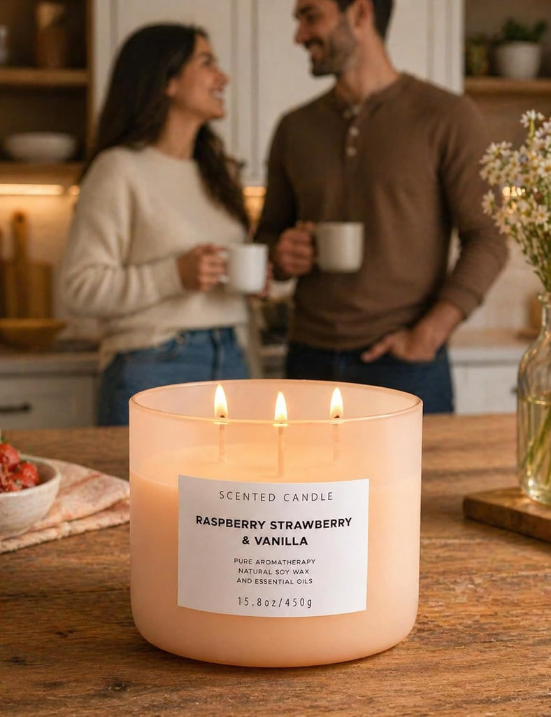 Raspberry Strawberry Vanilla Candle, 3-Wick Scented Soy Candle, 15.8 oz - Set of 158