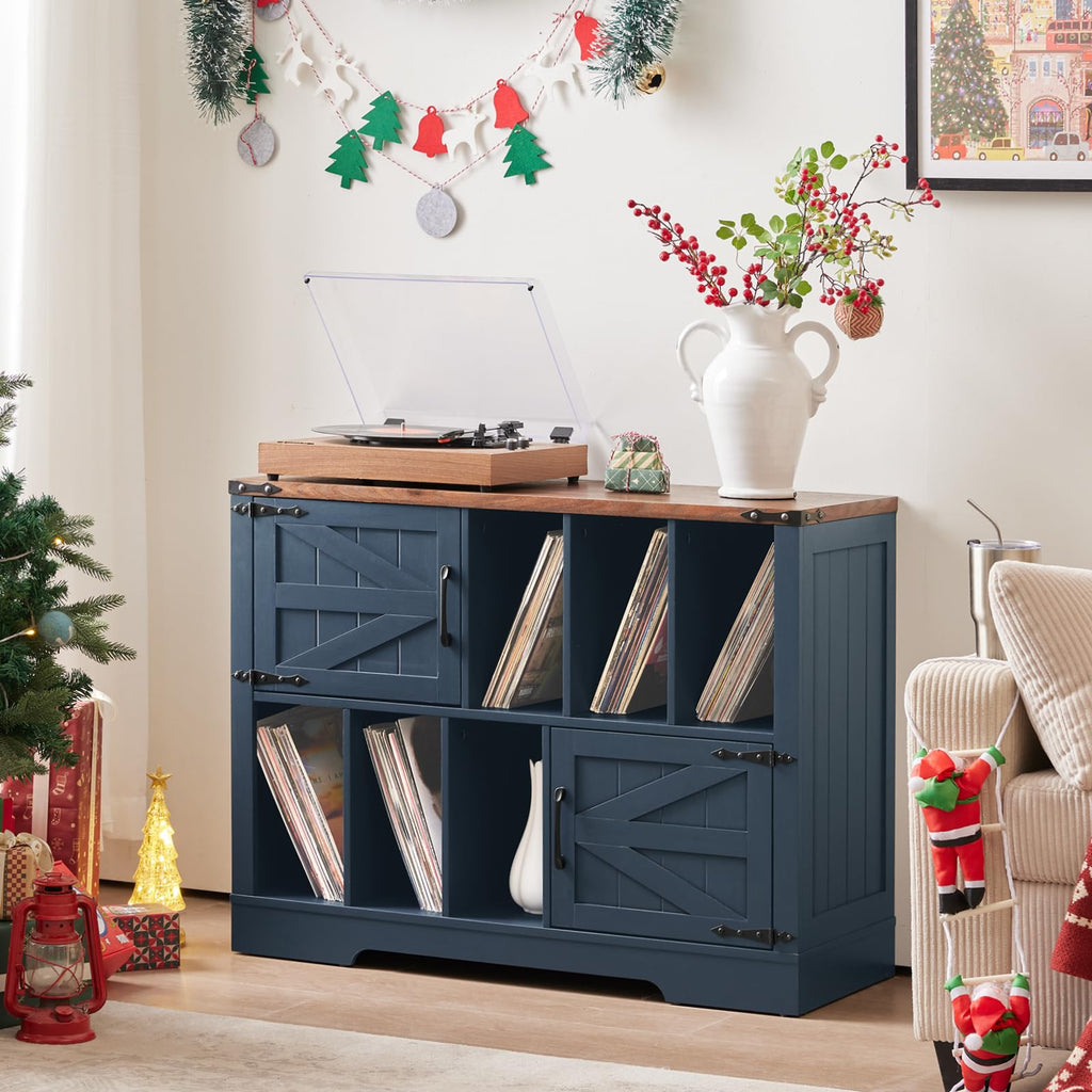 Large Record Player Stand with Vinyl Storage Up to 450 Albums, 39 Inch Farmhouse Wood Navy Blue Vinyl Records Storage