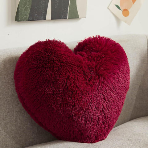 Fluffy Heart Throw Pillows, Shaggy Decorative Pillow, Cute Room Decor Decorations for Women Girls Kids (Dark Red)