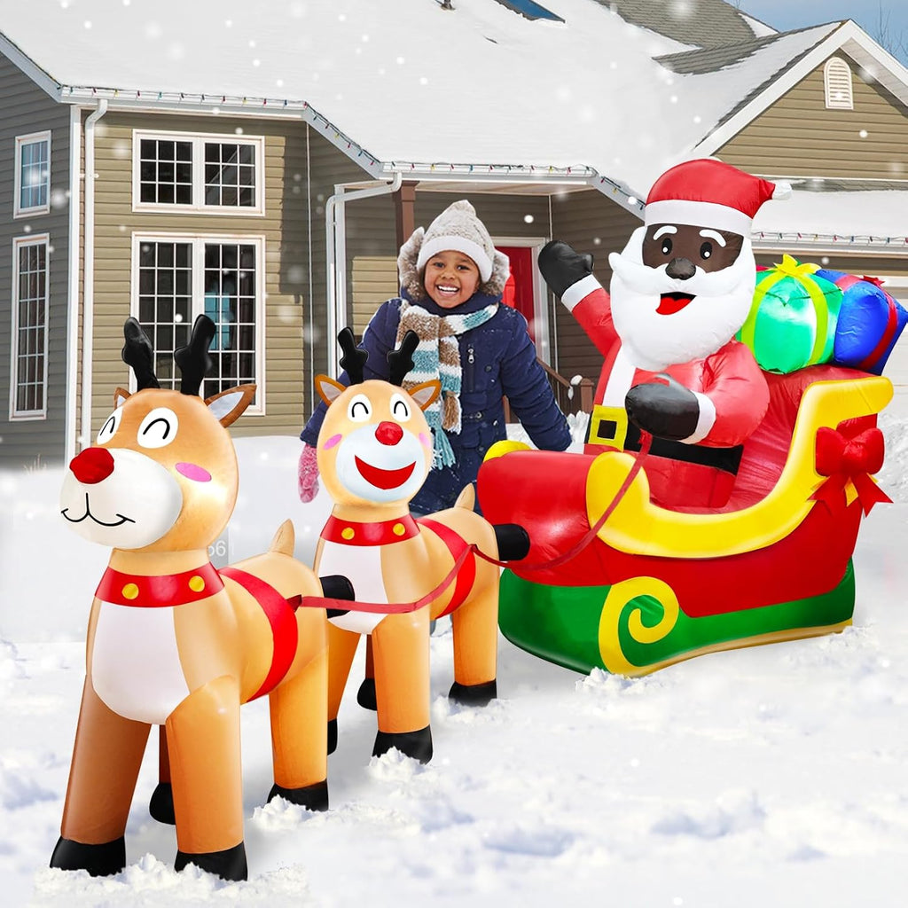 8 Ft Long Christmas Inflatables Black Santa Claus On Sleigh with Reindeer