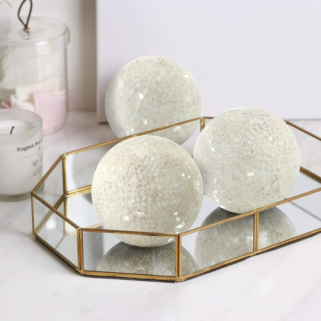 Mosaic Glass Orbs Decorative Balls 8.5cm/3.35inch Sphere Wedding Party Home Decor Table Centerpiece (White) - Set of 3