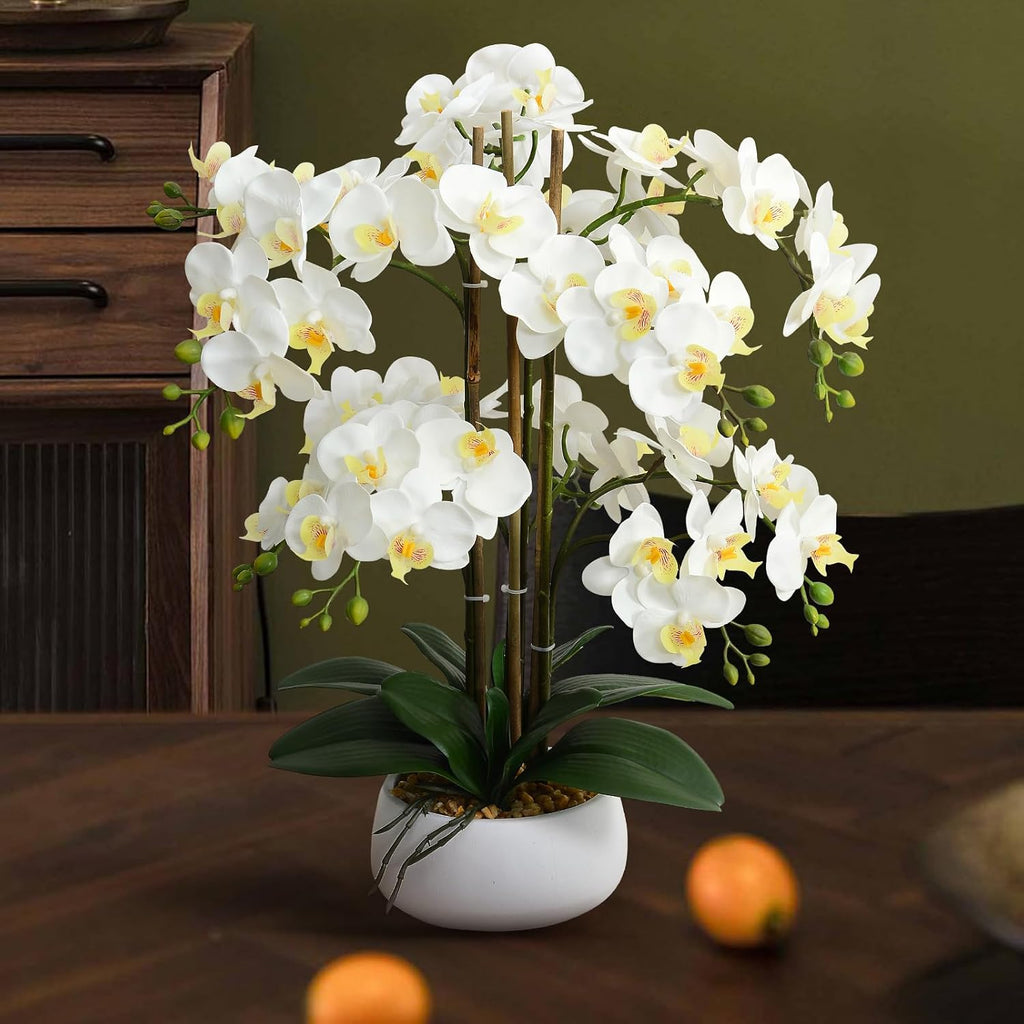 Artificial Orchid Flowers & Plants Potted in Ceramic Pot, White Faux Phalaenopsis Orchids for Table Centerpiece