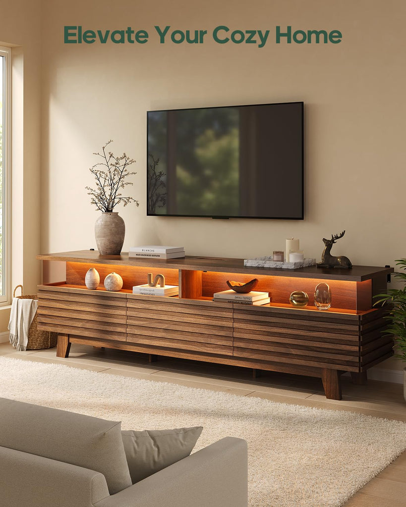TV Stand with Cable Management, LED, Power Station (Walnut, 70.9")