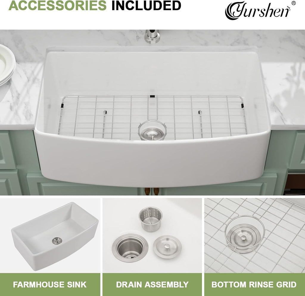 33 Inch Farmhouse Sink White Porcelain Ceramic Apron Front Kitchen Sinks Curved Apron Front Farm Sink Single Bowl