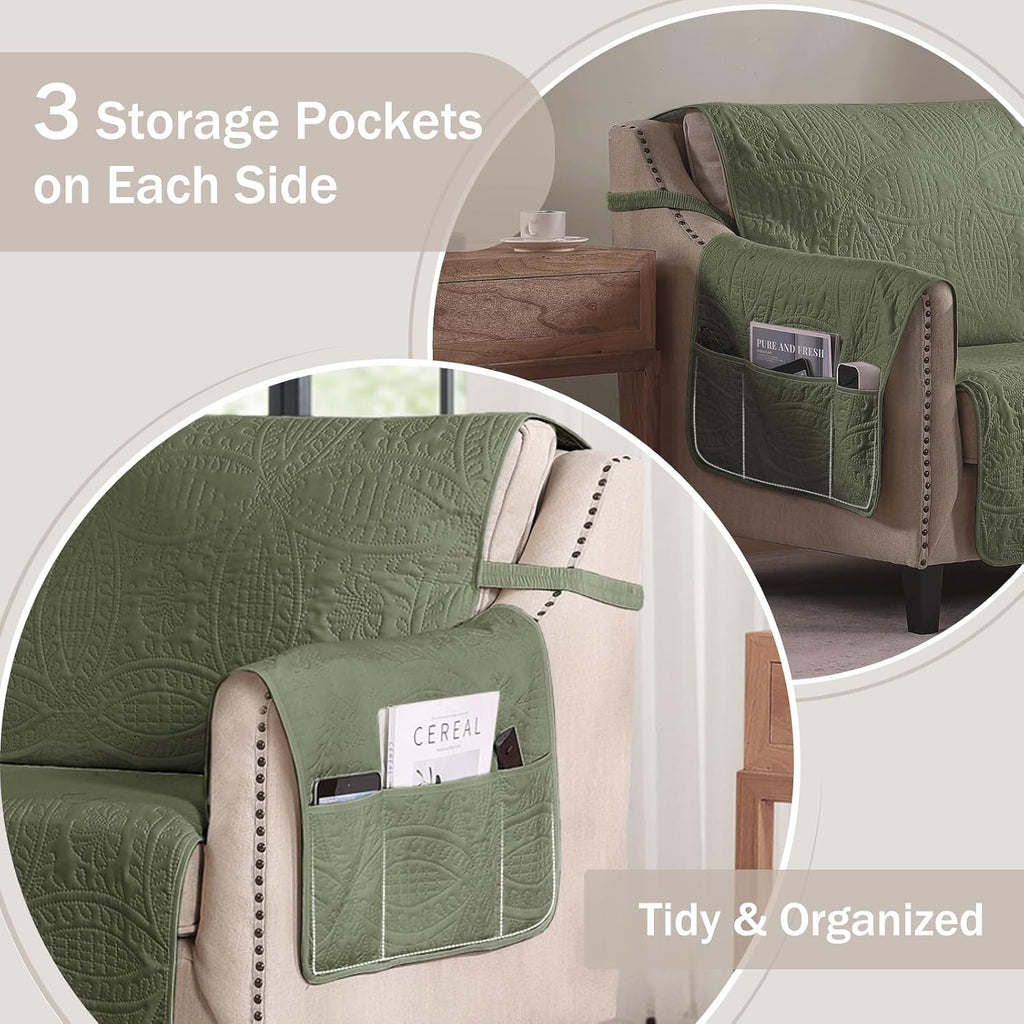 Quilted Olive Green Sofa Slipcovers with Pockets, Anti-Slip Medallion Couch Covers for 3 Cushion Sofa, Couch Cover