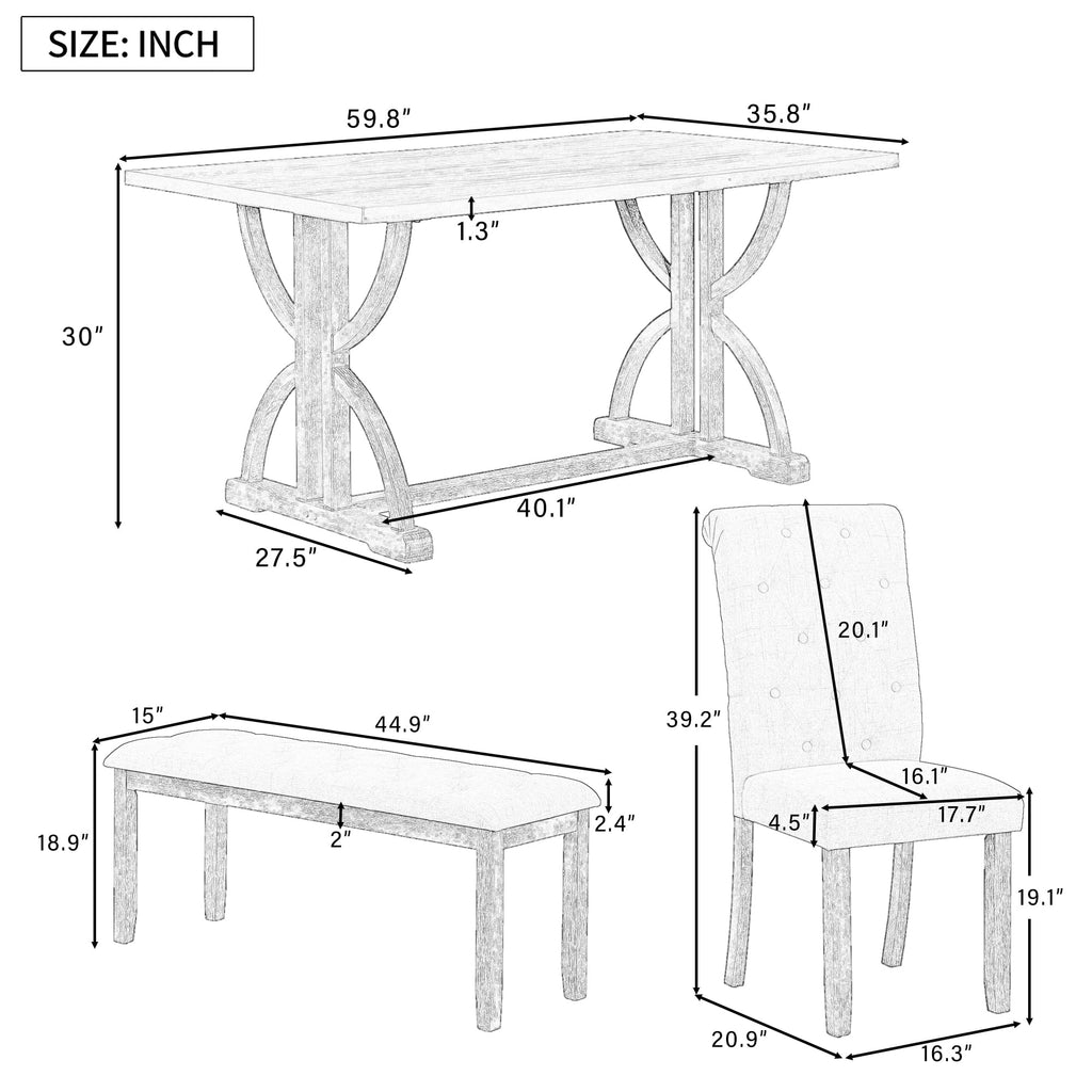 Farmhouse 6-Piece Wood Dining Table Set, 60'' Modern Rectangular Kitchen Table Set with 4 Upholstered Chairs & 1