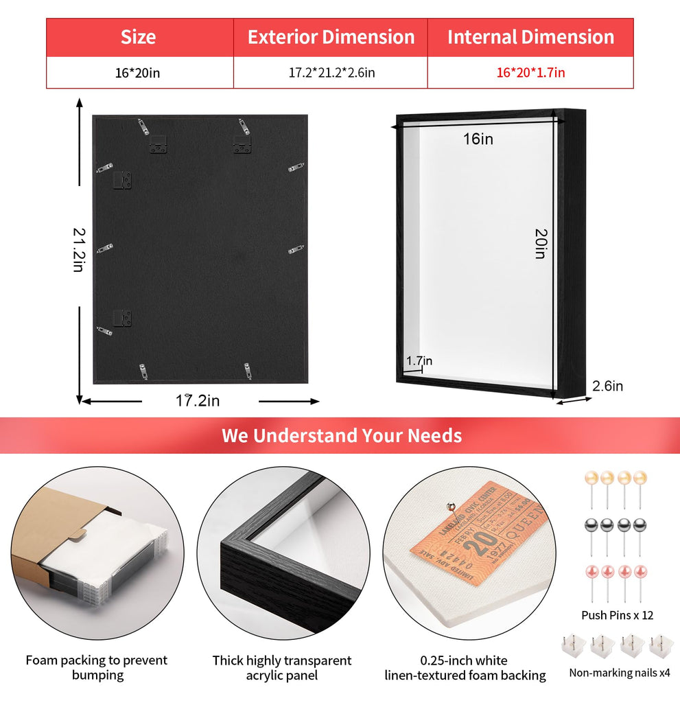 16x20 Large Shadow Box Frame with Thickened Acrylic Panel & Pins