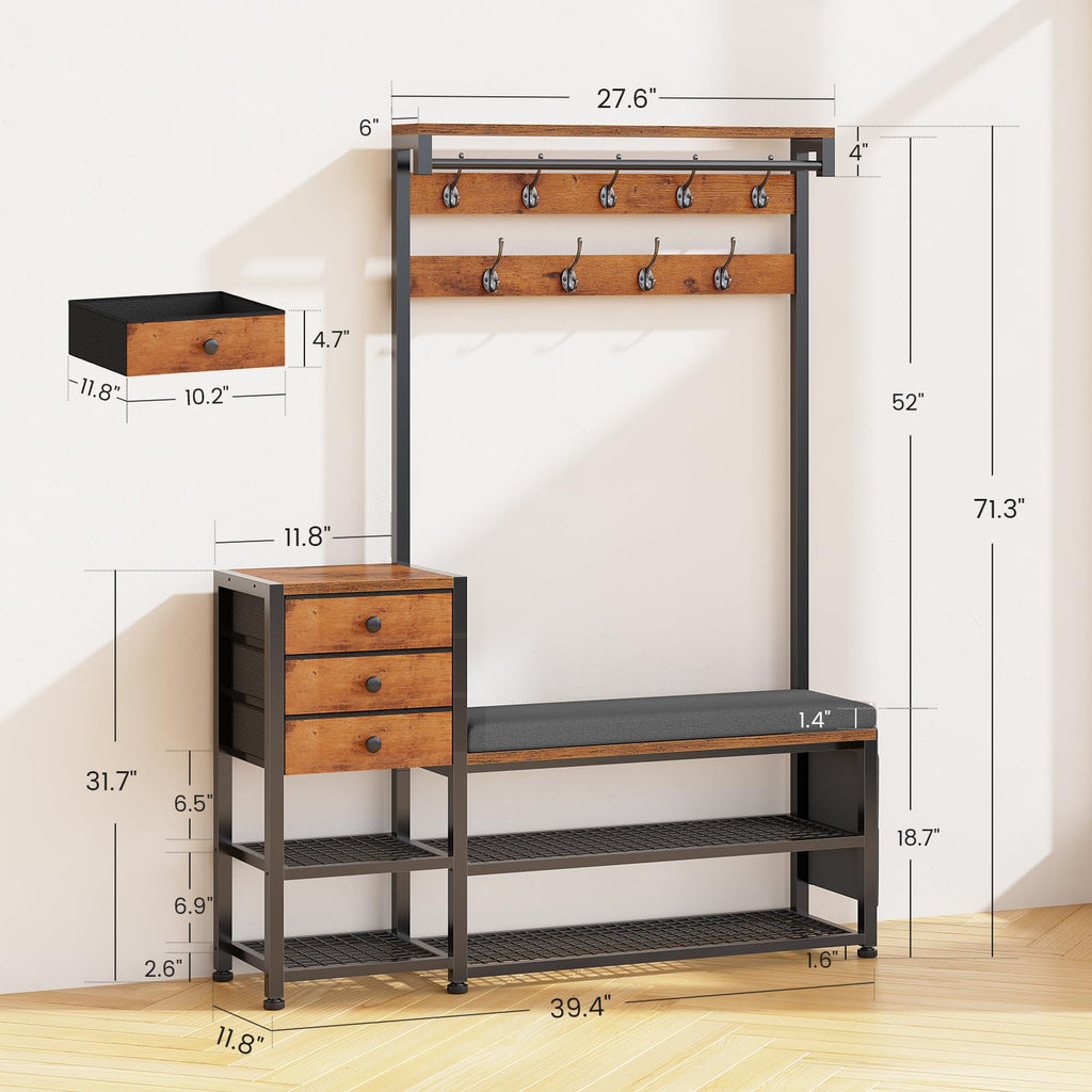 Coat Rack, Hall Tree with Bench and Shoe Storage, 7-in-1 Entryway Bench with Soft Cushion, Storage Bag, 3 Fabric