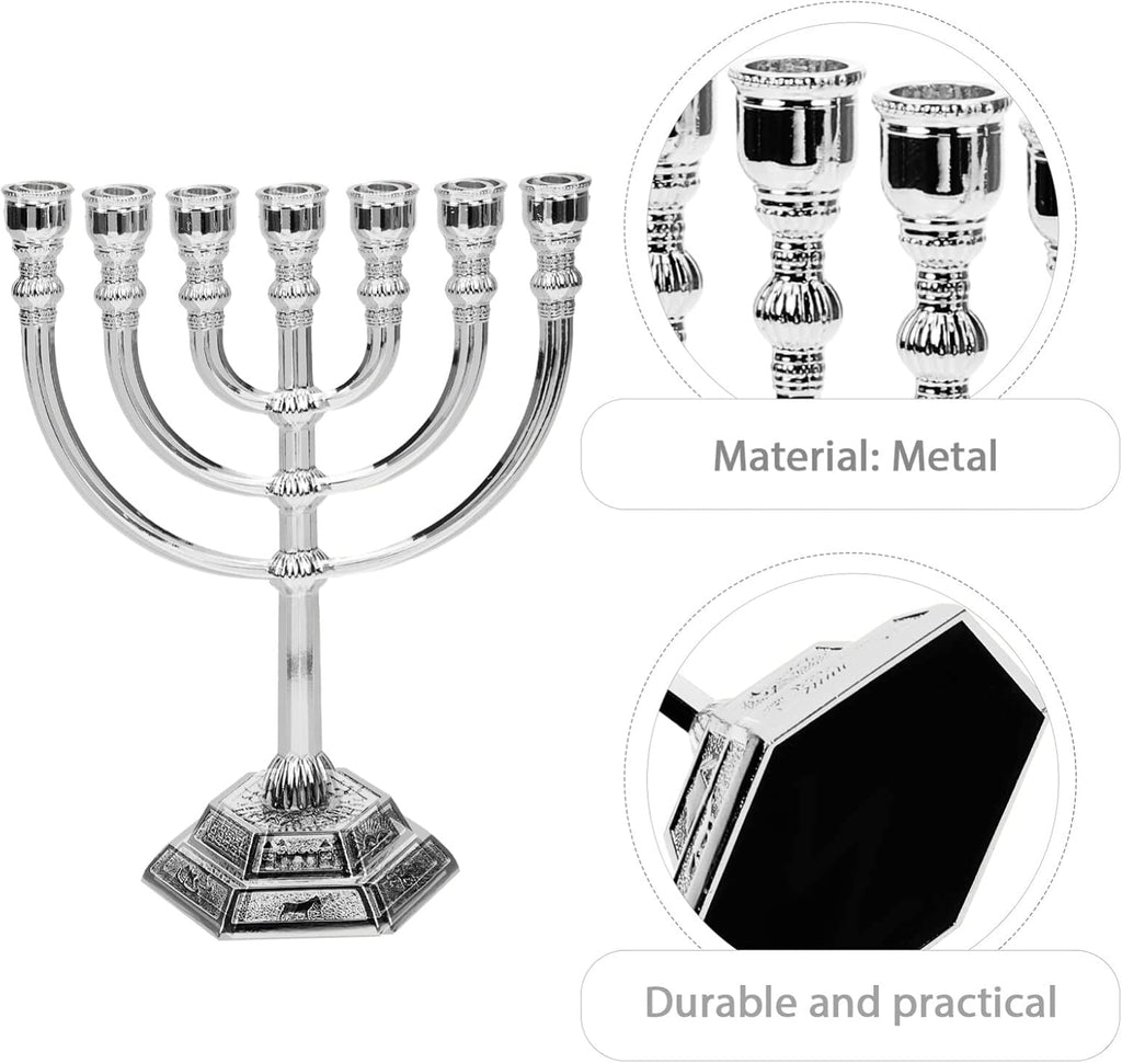Traditional Jewish , 7 Branch Silver-Plated Candle Holder Altar, Judaica Decor from Holy Land Jerusalem, Table