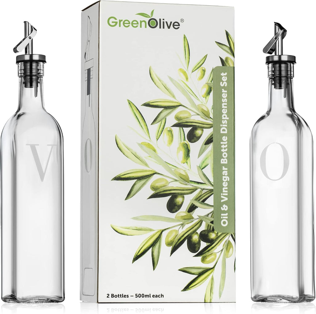 Olive Oil and Vinegar Dispenser Set - 17 oz. Glass Bottles with No-Drip BPA-Free Spouts - Stylish O and V Identifiers - Set of 2