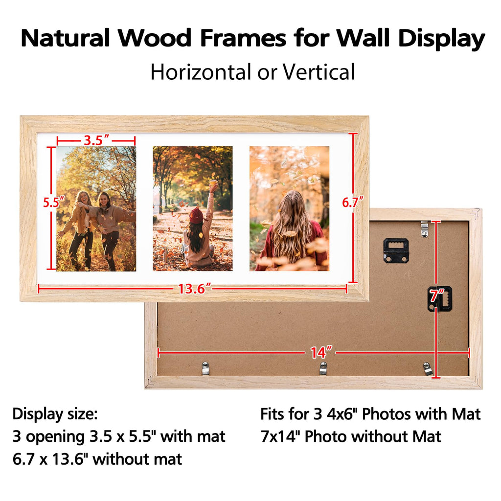 7x14 Picture Frame Solid Wood Natural Frame Matted Three 4x6