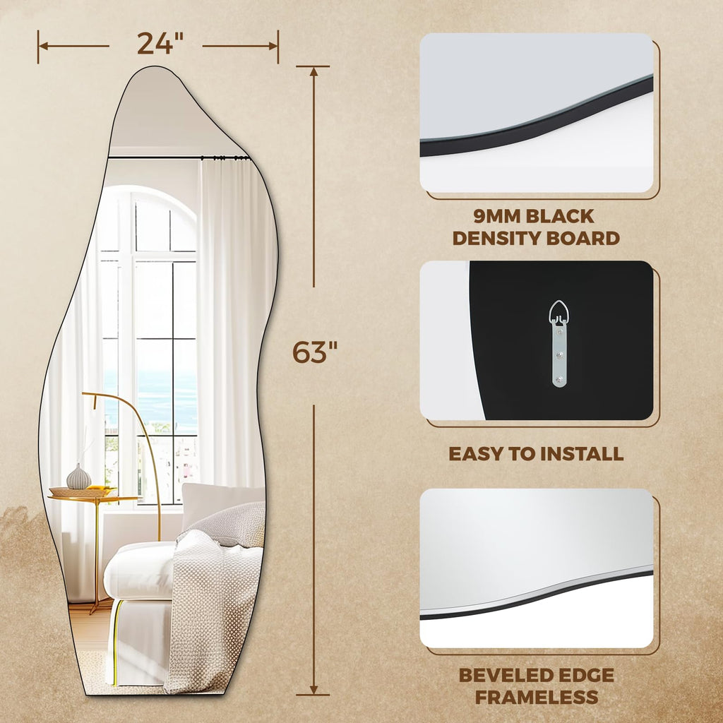 Full Length Mirror 63"x24" Irregular Wall Mirror Wave Frameless Bathroom Bedroom Entryway Decor