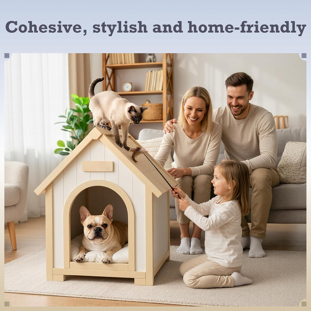 Indoor Dog House for Small Dogs, FSC Certified Cedar Wood Cat House with Cushion, Natural Solid Wooden Pet House