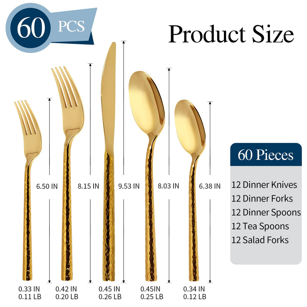 Gold Silverware 18/10 Stainless Steel 60-Piece Mirror Polsihing Flatware Round Hammered Cutlery Set Service for 12