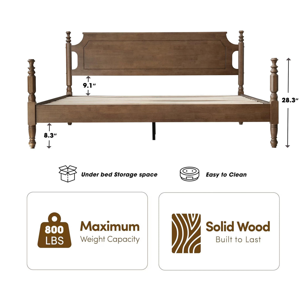 Solid Wood King Size Bed Frame with Headboard & Footboard, Platform Bed, Central Metal Legs, 12 Sturdy Slats, Under