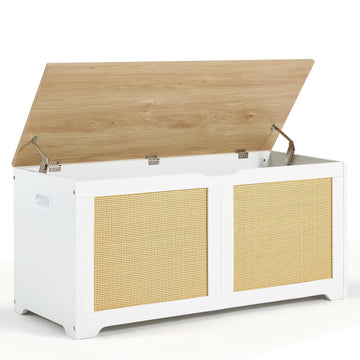 39.4" Storage Chest with 2 Safety Hinges, Rattan Storage Bench, Shoe Bench, Supports 300 lb