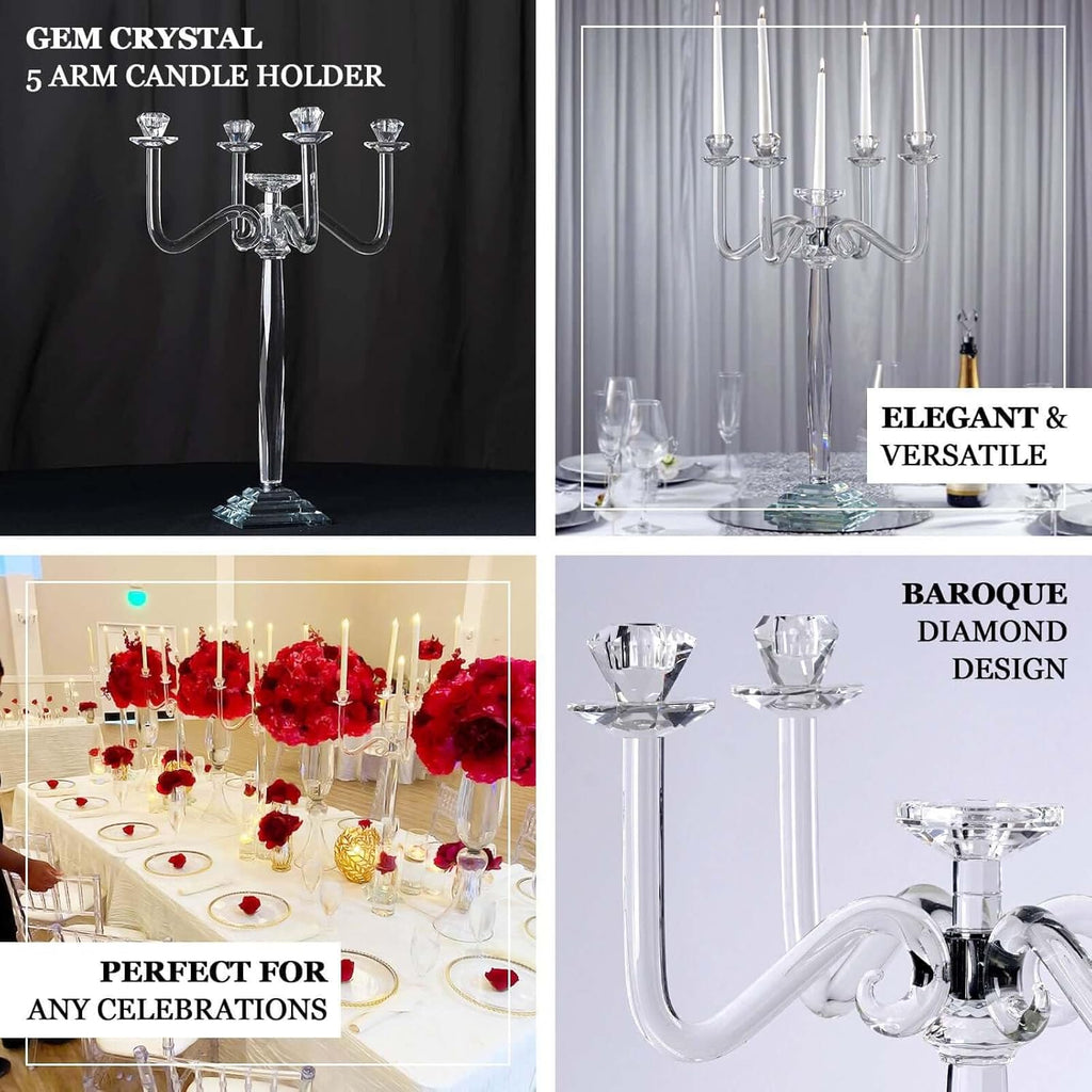 27" Tall Handcrafted Gem Cut 5 Arm Crystal Modern Glass Candelabra Candle Holder Wedding Centerpiece