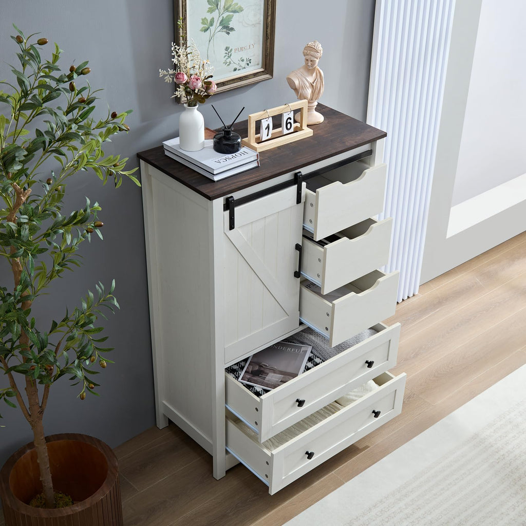 White Dresser with 5 Drawers, 48" Tall w/Sliding Barn Door, Farmhouse 5 Chest of Drawers, Antique White