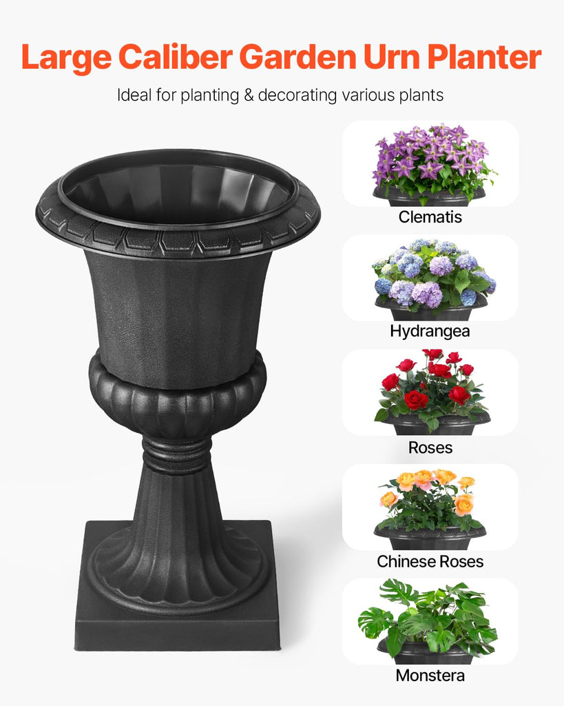 Plastic Urn Planters, 15.8 x 26.4 Inch, 2 Pack Black Classic Flower Pots Front Porch Planters, Indoor & Outdoor Vase
