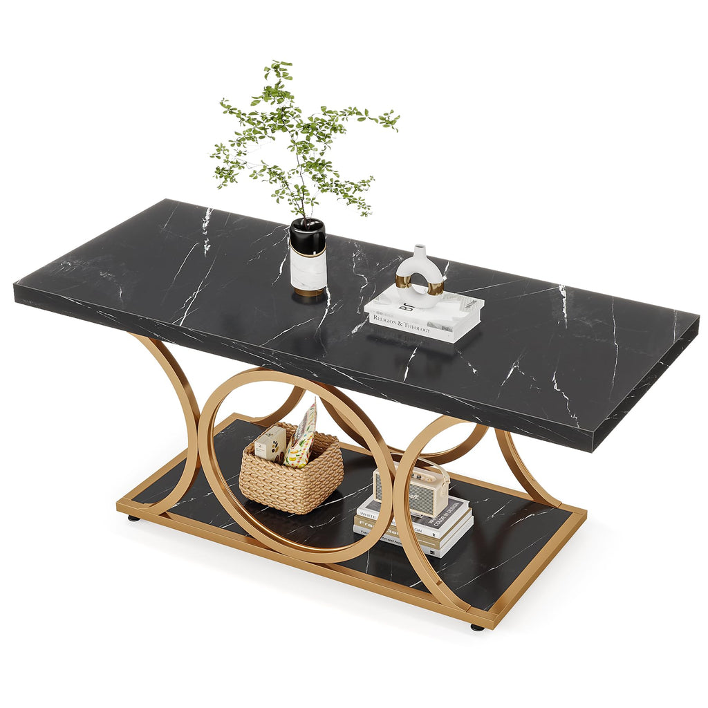 Rectangle Coffee Table, 47.24-inch Modern Coffee Tables, 2-Tier Faux Marble Wood Coffee Table with Geometric Metal