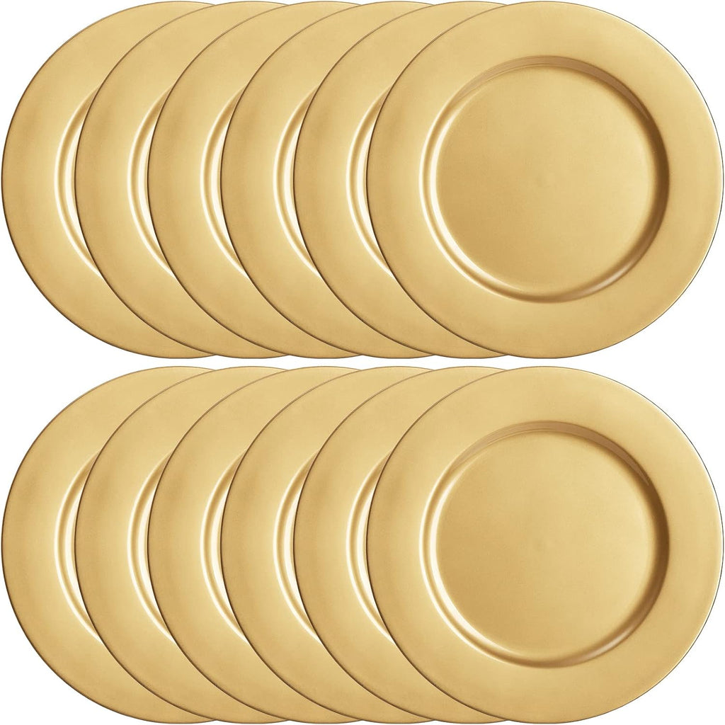 Gold Charger Plates, 13 Inch Plastic Round Dinner Charger Plates for Wedding Party, Elegant Tabletop Decor - Set of 12